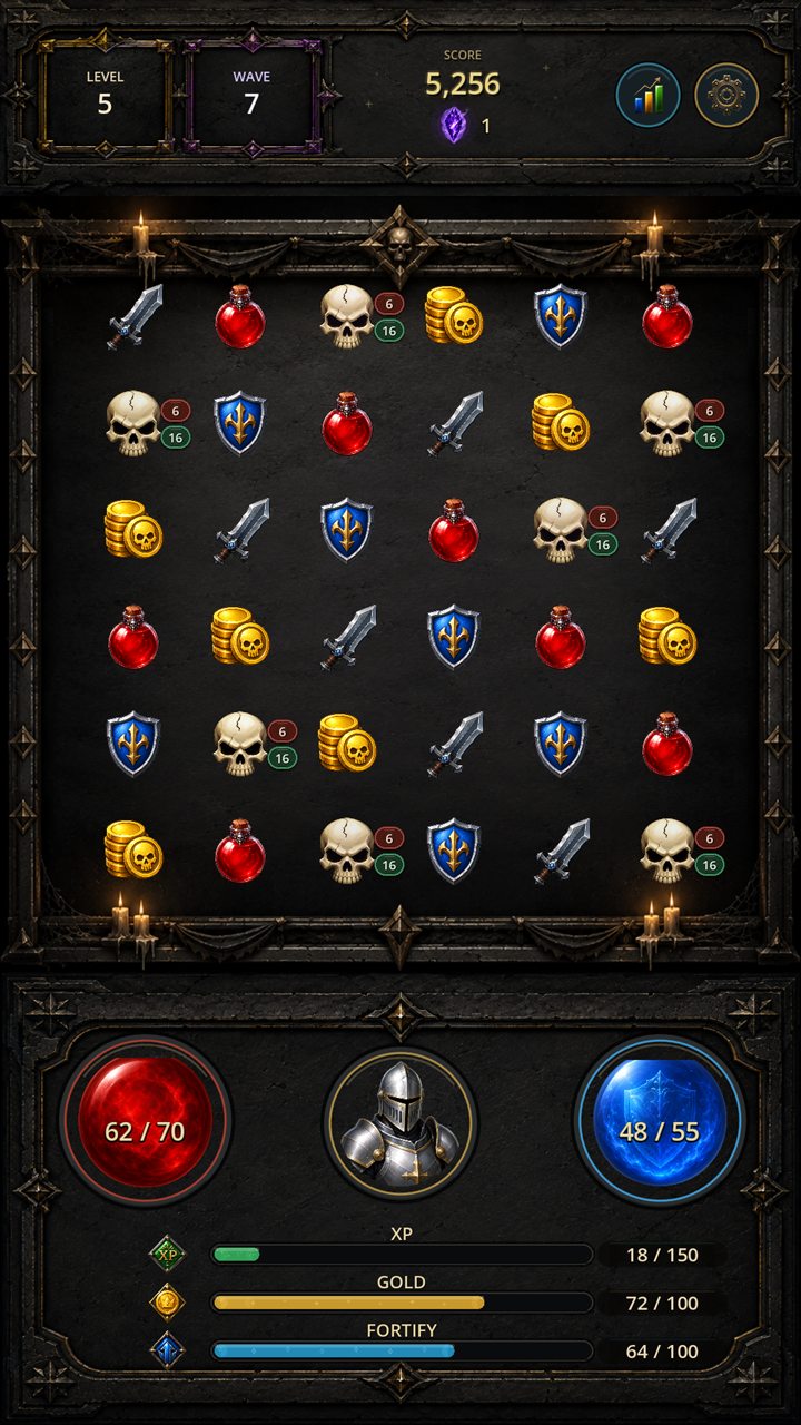 Skullbound gameplay board with skulls, swords, shields, potions, and gold