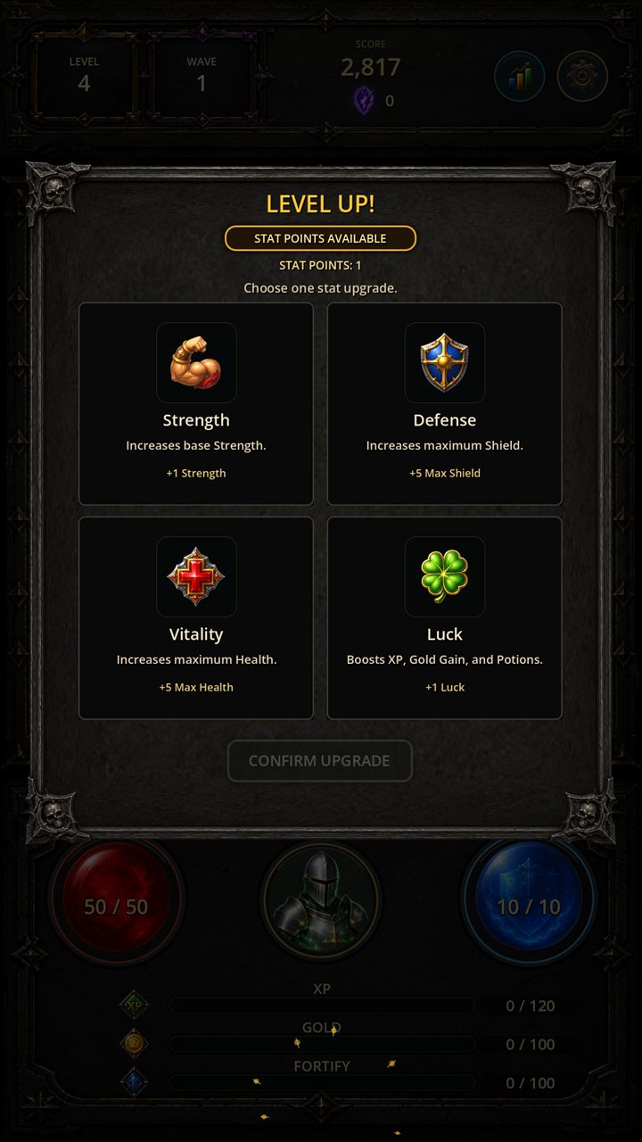Skullbound level-up screen offering Strength, Defense, Vitality, and Luck